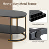 Oval coffee table with heavy-duty metal frame, 2-tier storage shelf, and non-slip foot pads for stability.