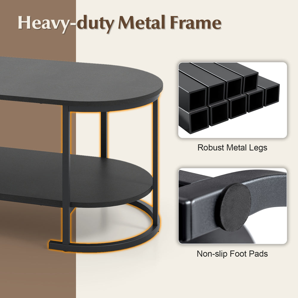 Oval coffee table with heavy-duty metal frame, 2-tier storage shelf, and non-slip foot pads for stability.