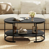 Oval coffee table with black finish, 2-tier design, spacious storage, and elegant wood grain texture for versatile use.