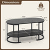 Oval coffee table with 2-tier design, black finish, and dimensions 39.5" x 19.5" x 18" for versatile living room use.
