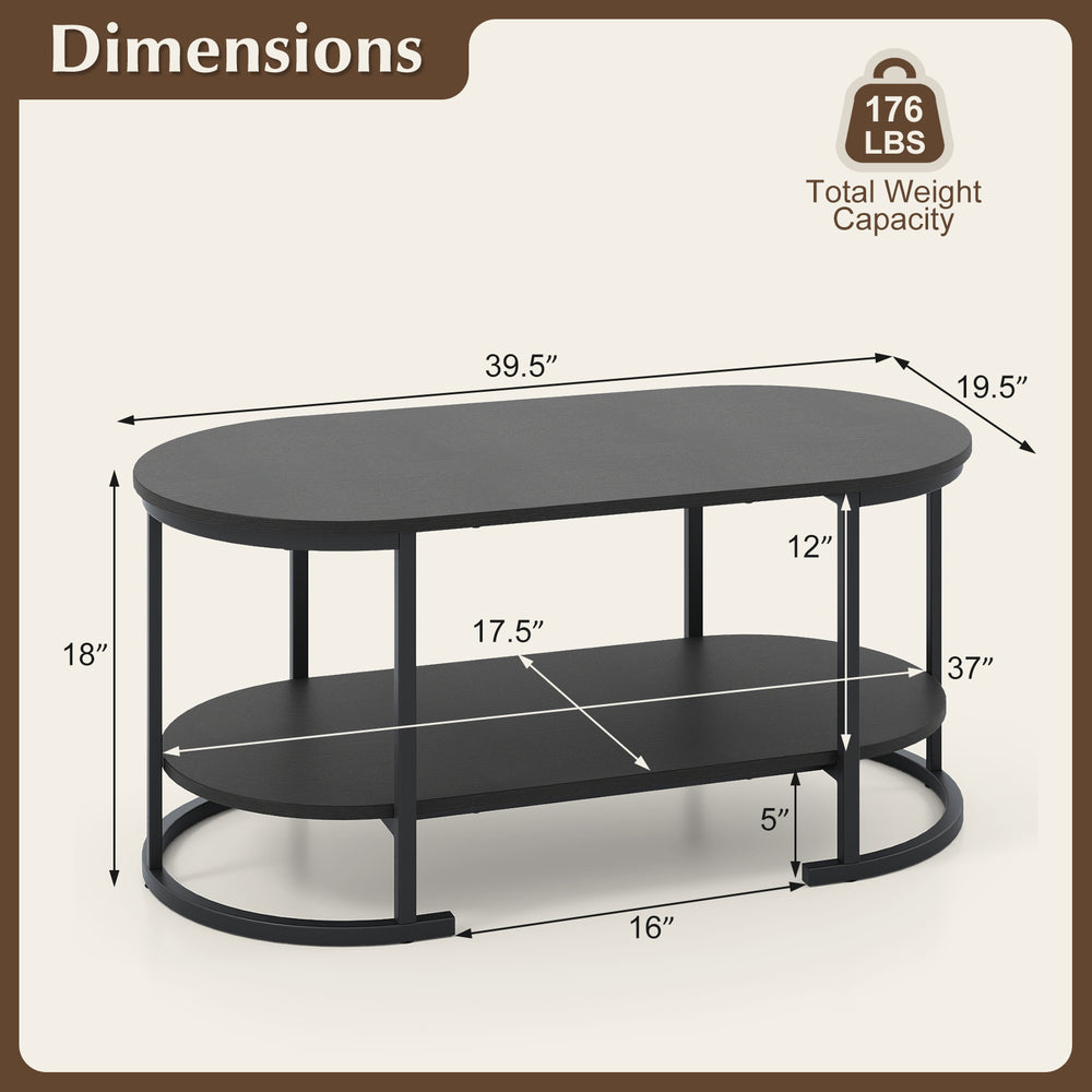 Oval coffee table with 2-tier design, black finish, and dimensions 39.5" x 19.5" x 18" for versatile living room use.