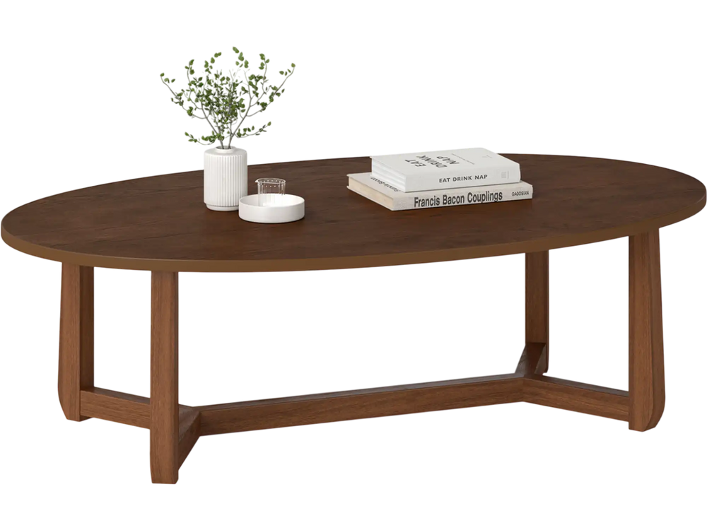 Oval coffee table with a thick walnut top and V-shaped wood base, perfect for snacks and decor in any living space.