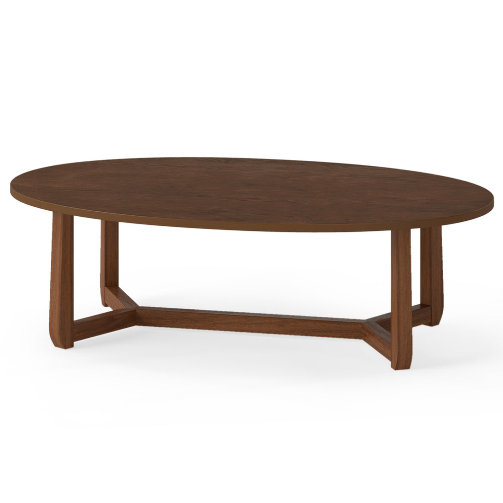 Oval coffee table with a thickened walnut top and V-shaped wood base, perfect for snacks and decor in any living space.