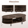 Oval coffee table dimensions with walnut finish, featuring dual shelves and adjustable metal legs for stability.