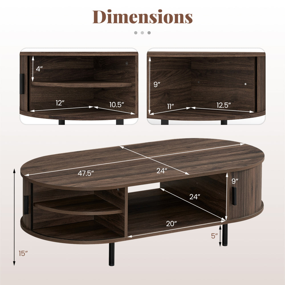 Oval coffee table dimensions with walnut finish, featuring dual shelves and adjustable metal legs for stability.