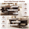 Oval coffee table with walnut finish, featuring dual side 2-tier shelves and open compartment for living room storage.