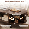 Oval coffee table with walnut finish, featuring dual sliding doors, 2-tier shelves, and smooth groove tracks for.