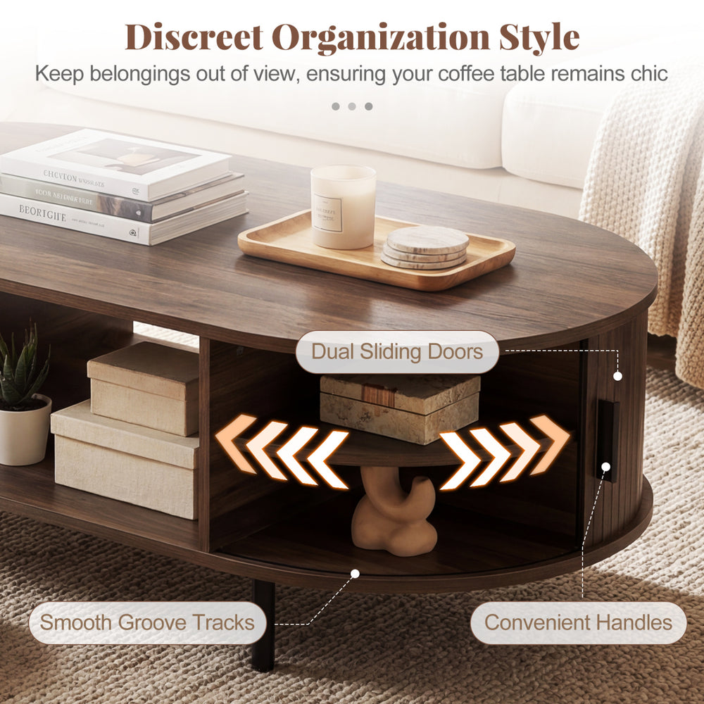 Oval coffee table with walnut finish, featuring dual sliding doors, 2-tier shelves, and smooth groove tracks for.
