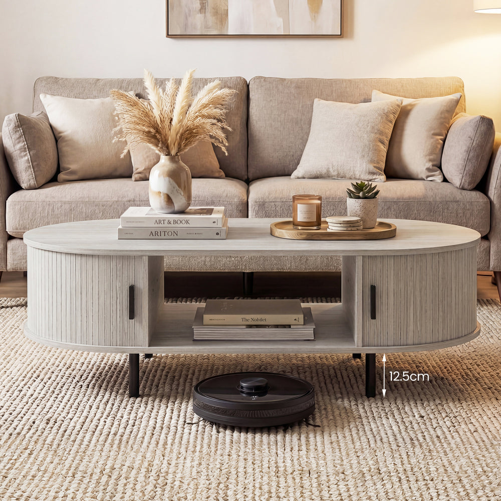Oval Coffee Table 47.5inch Wooden Center Table with Storage-Oak - Gallery View 1 of 13