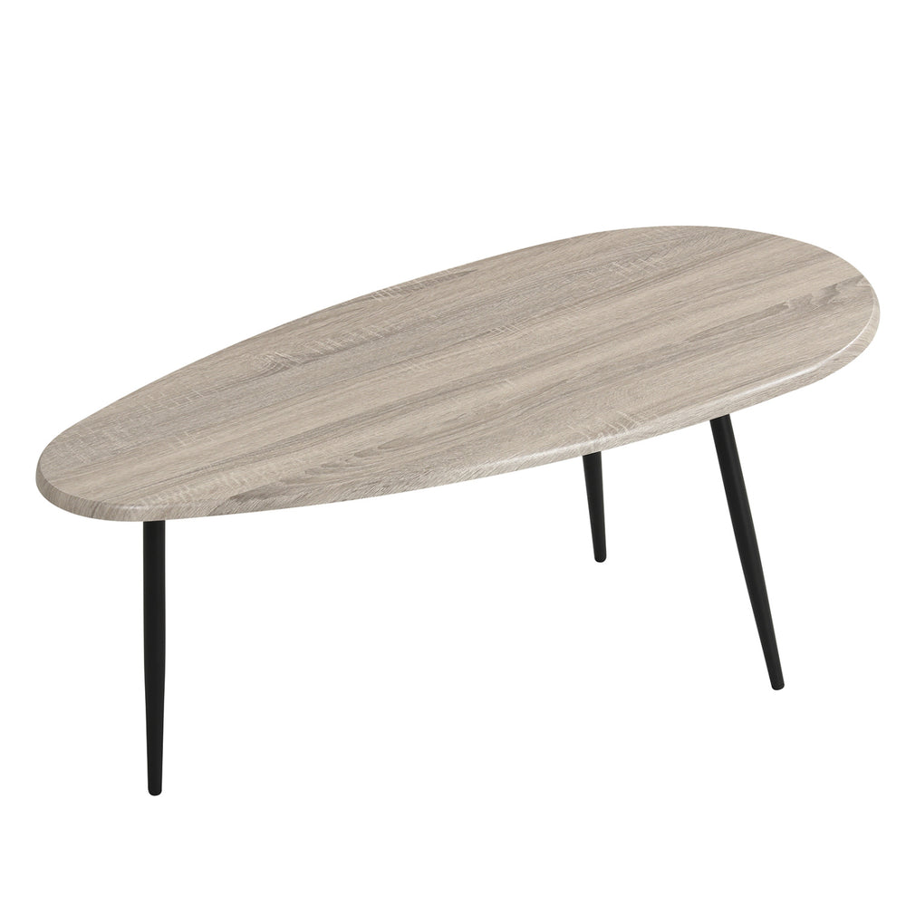 Oval coffee table with gray wood top and sturdy metal legs, perfect for living room or lounge use.