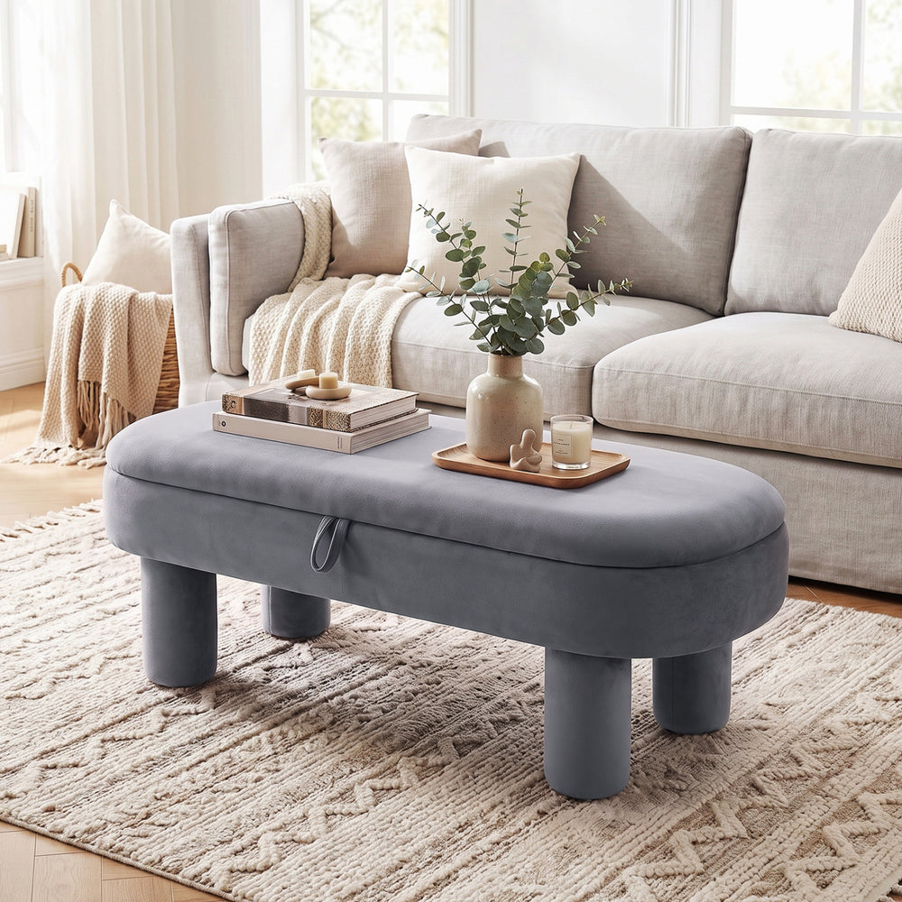 Oval Storage Ottoman Bench with Upholstered Seat for Bedroom-Gray - Gallery View 1 of 11