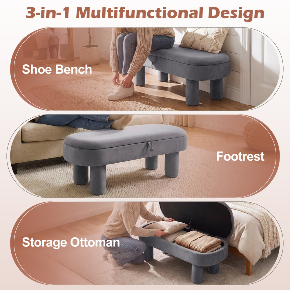 Oval storage ottoman bench in soft velvet, featuring hidden storage and versatile use as a shoe bench or footrest.