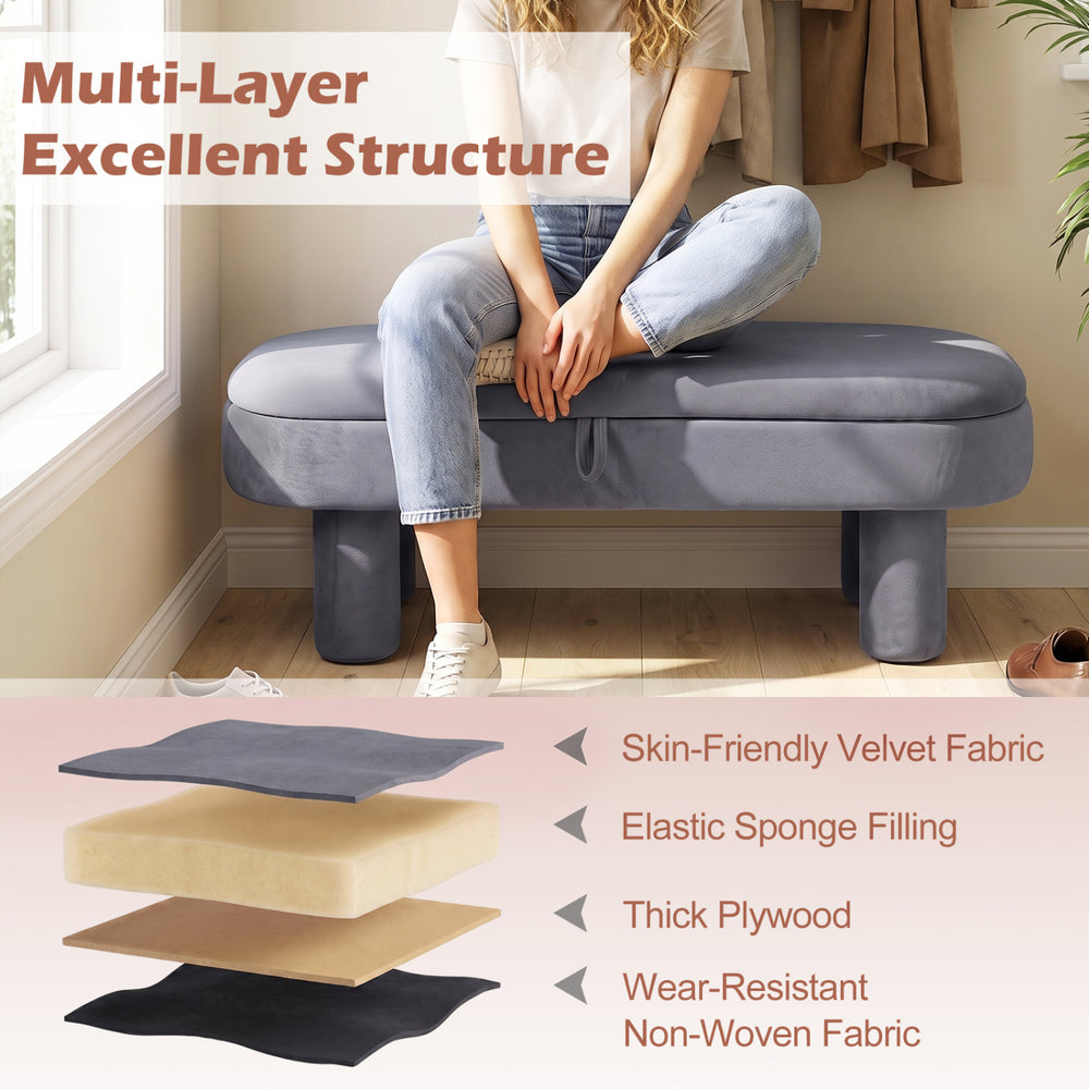 Stylish oval storage ottoman bench featuring soft velvet upholstery, elastic sponge filling, and robust plywood construction.