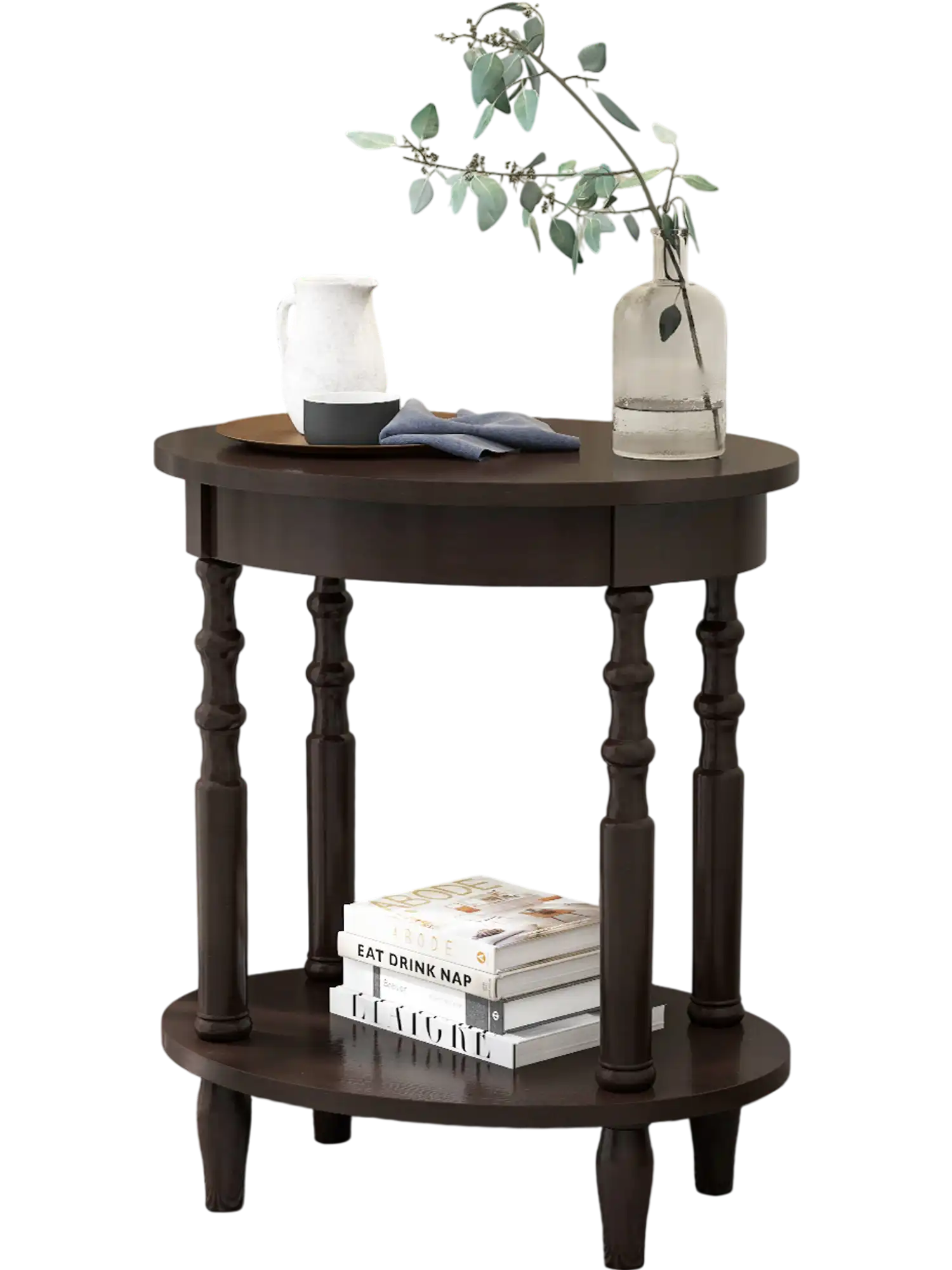 Costway 2-Tier Oval Side Table w/ Storage Shelf Solid Wood Legs Espresso 19573468 New