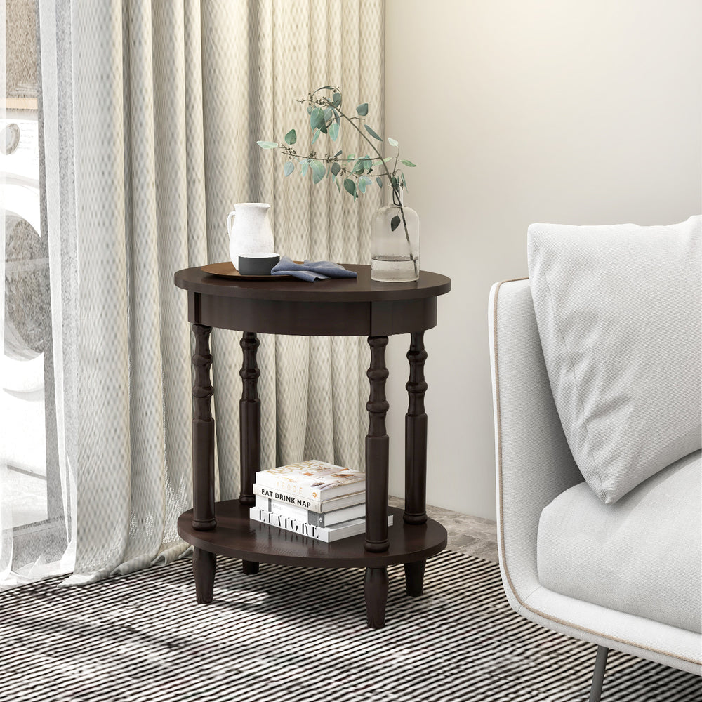 2-Tier Oval Side Table with Storage Shelf and Solid Wood Legs-Espresso - Gallery View 1 of 11
