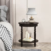 Oval side table in espresso with solid wood legs, featuring 2 tiers for storage, ideal for compact spaces.