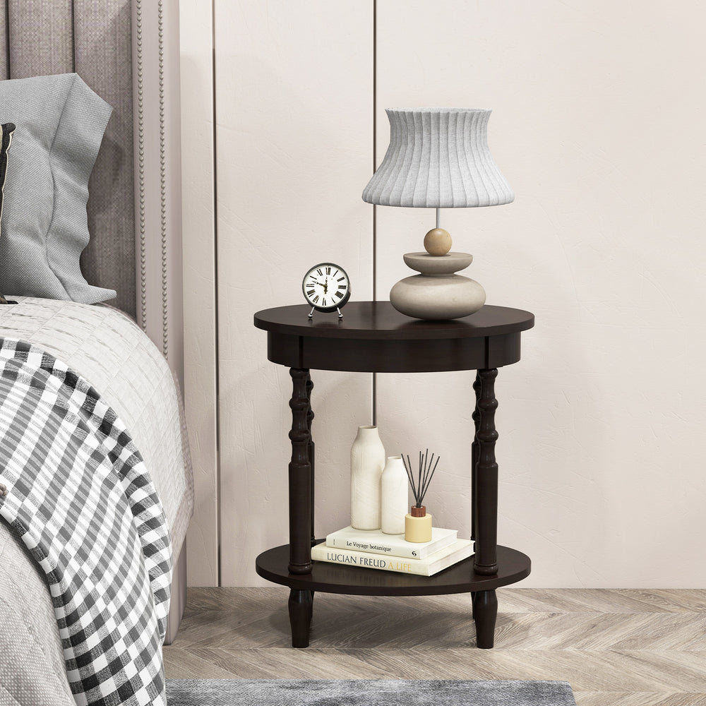 Oval side table in espresso with solid wood legs, featuring 2 tiers for storage, ideal for compact spaces.