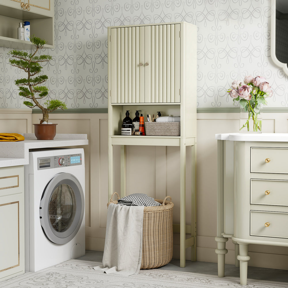 Over the toilet storage cabinet with fluted doors in beige, featuring adjustable shelves and elegant design for.