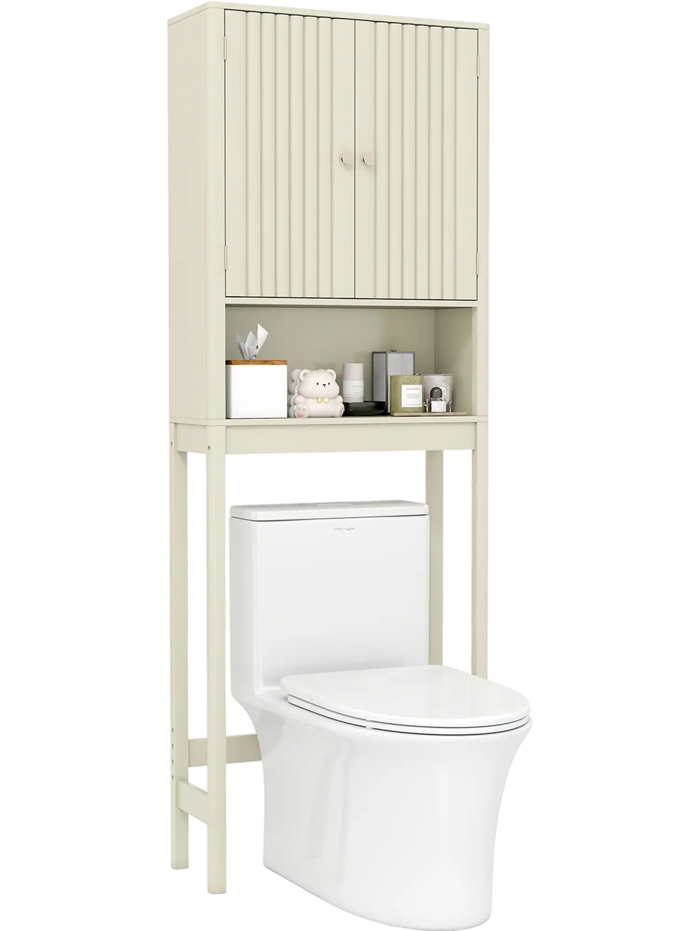 Over the toilet storage cabinet in beige with fluted doors, featuring an adjustable shelf and open space for essentials.