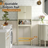 Over the toilet storage cabinet in beige with fluted doors, featuring adjustable shelves and anti-tipping kits for.