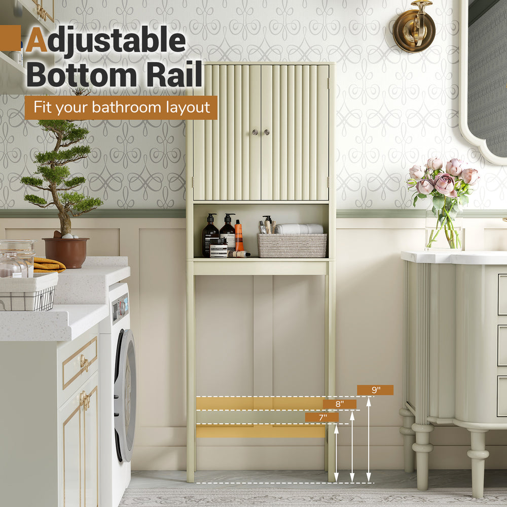 Over the toilet storage cabinet in beige with fluted doors, featuring adjustable shelves and anti-tipping kits for.