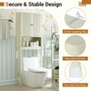 Over the toilet storage cabinet in beige with fluted doors, adjustable shelves, and anti-slip foot pads for bathroom.