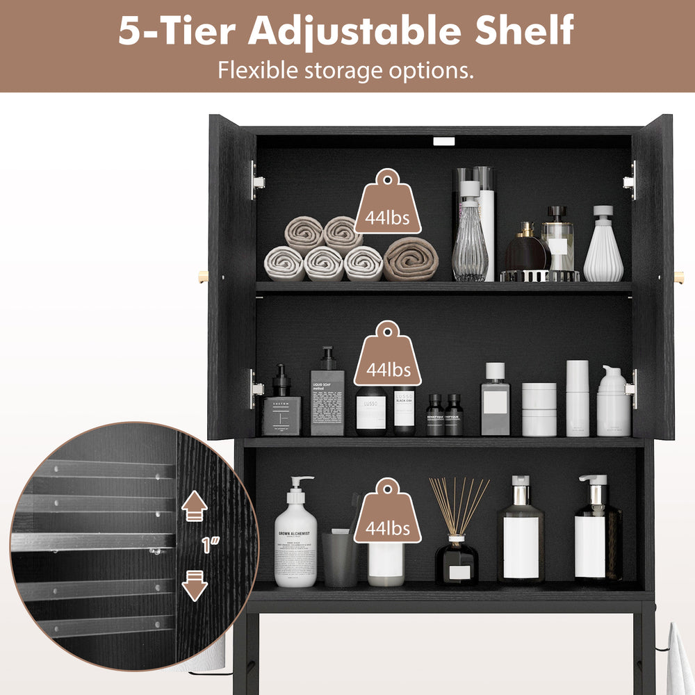 5-tier adjustable shelf in a black over-the-toilet storage cabinet, designed for efficient bathroom organization and.