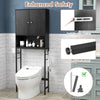 Over the toilet storage cabinet in black with two doors, adjustable shelf, and anti-tipping design for bathroom safety.