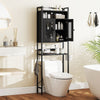Over-the-toilet storage cabinet in black with adjustable shelves and farmhouse design, perfect for bathroom.