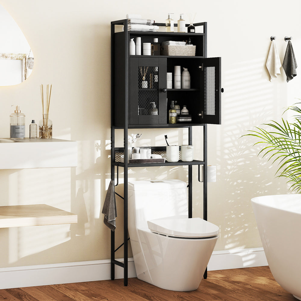 Over-The-Toilet Storage Cabinet with Heavy-Duty Metal Frame 2-door Freestanding-Black - Gallery View 1 of 10