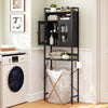 Freestanding black over-the-toilet storage cabinet with two doors, adjustable shelves, and a sturdy metal frame for.