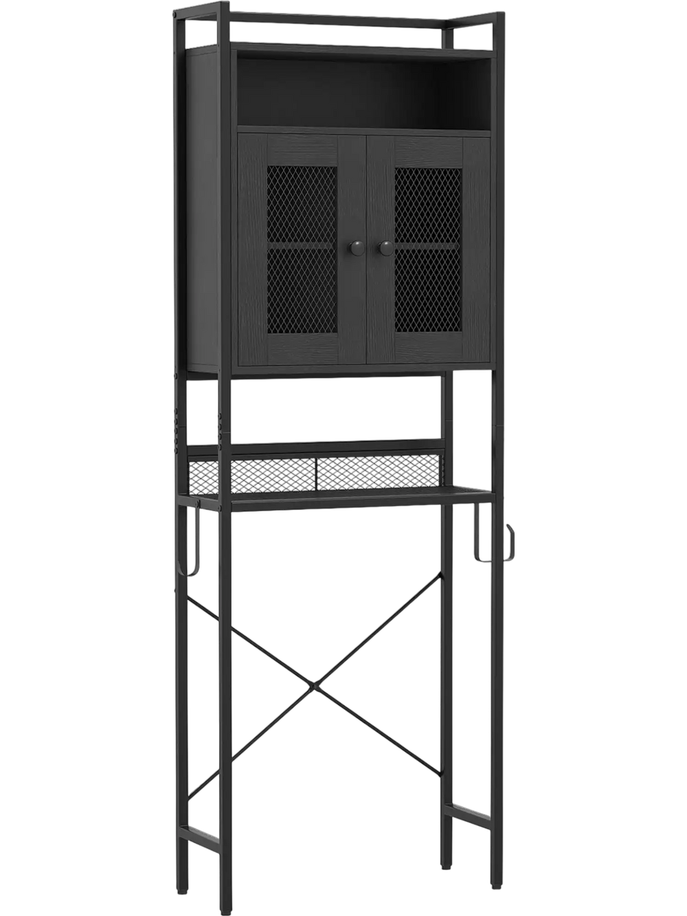 Freestanding black over-the-toilet storage cabinet with two doors, adjustable shelf, and sturdy metal frame for.