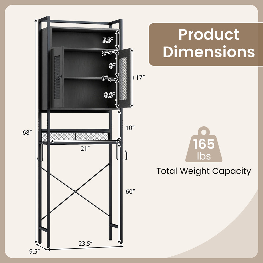 Over-the-toilet storage cabinet in black with adjustable shelves, metal frame, and farmhouse design for stylish.