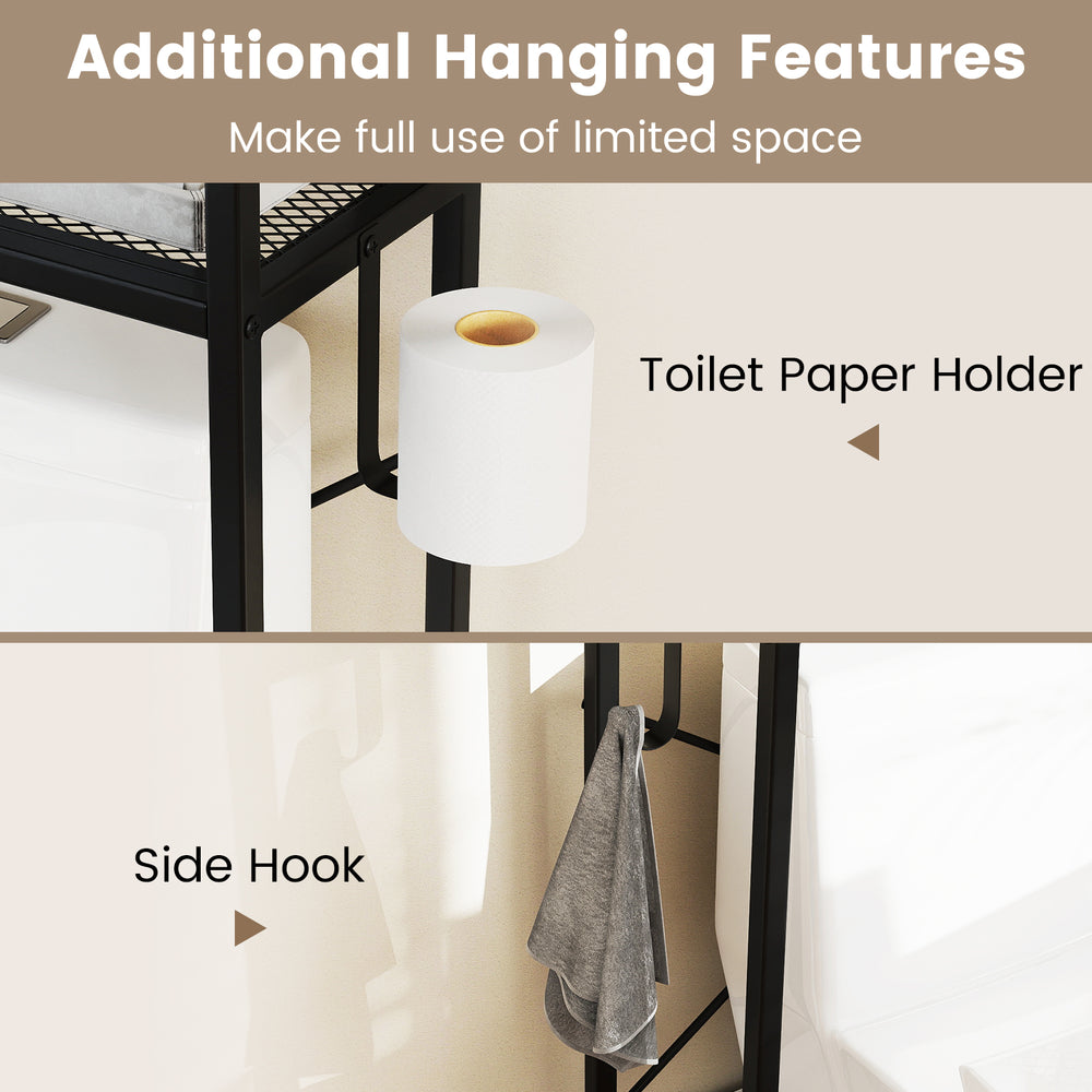 Over-the-toilet storage cabinet featuring a toilet paper holder and side hook, made of heavy-duty black metal.