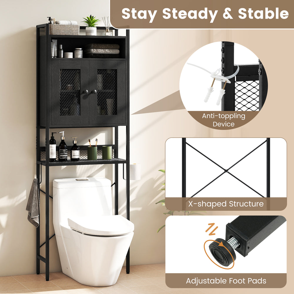 Over-the-toilet storage cabinet in black with adjustable shelves, anti-toppling devices, and farmhouse design for.