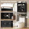Close-up of the adjustable shelf inside the black over-the-toilet storage cabinet, showcasing its sturdy metal frame.