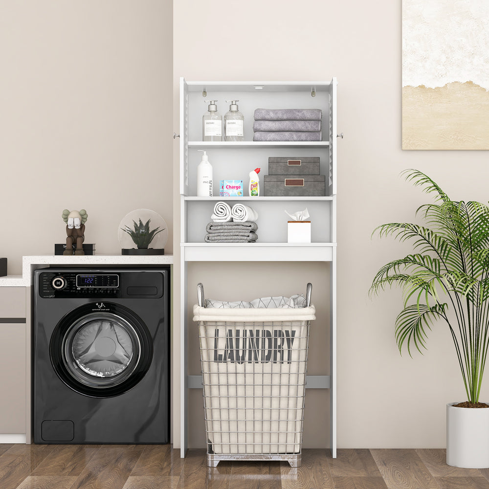Over-the-toilet storage cabinet with double doors and adjustable shelf, ideal for organizing bathroom essentials.