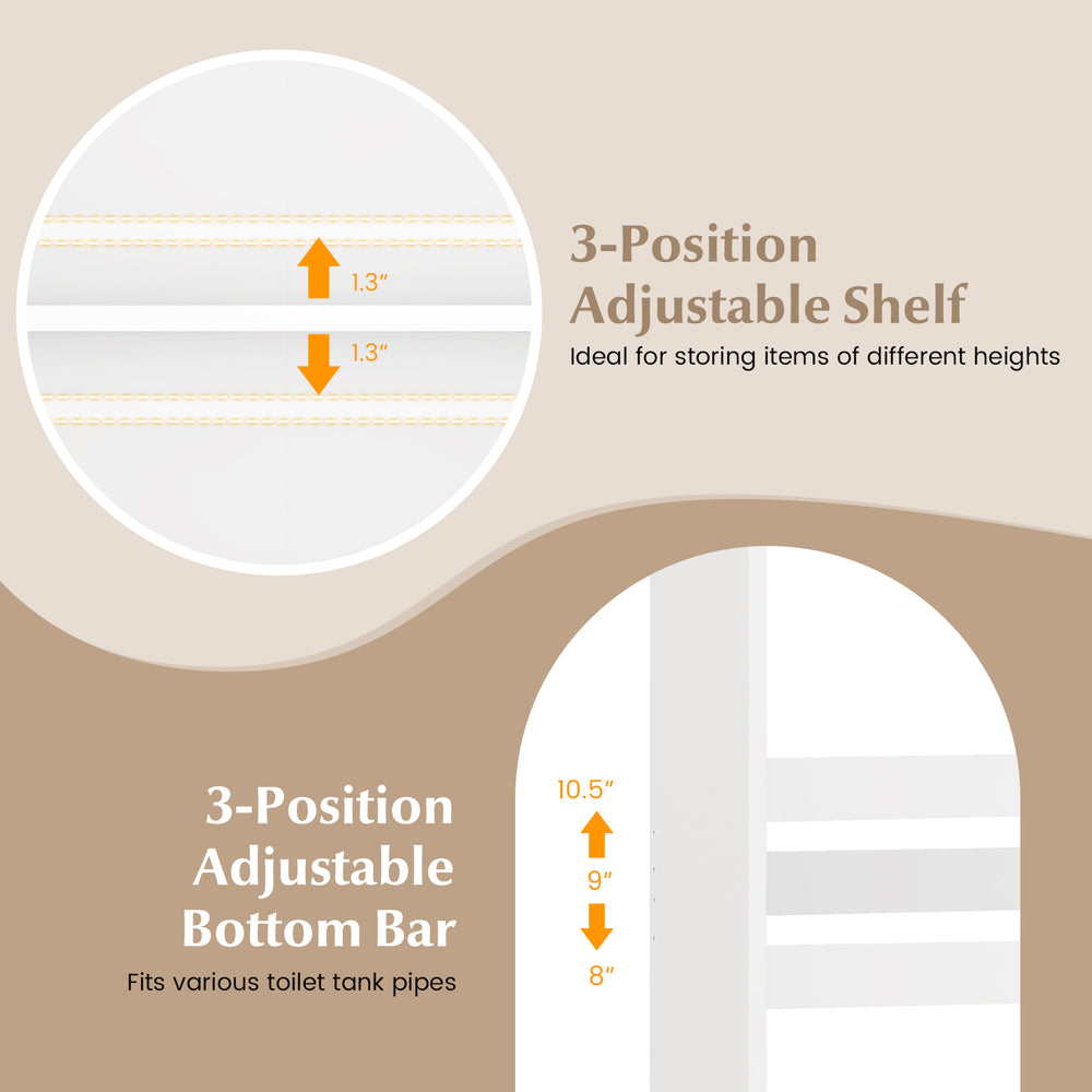 Adjustable shelf and bottom bar details of the Over The Toilet Storage Cabinet for versatile bathroom organization.