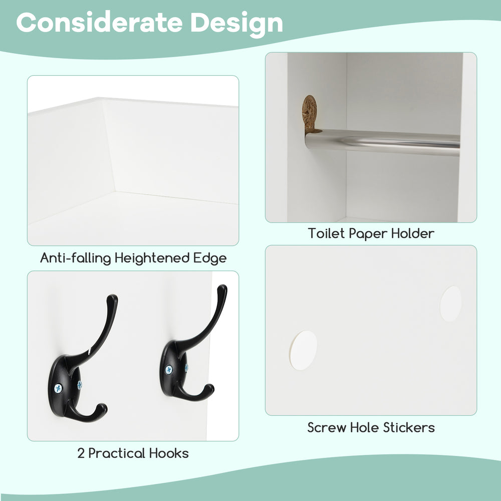 Over the toilet storage cabinet features adjustable shelves, sliding barn door, and practical hooks for bathroom.