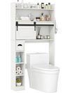 Over the toilet storage cabinet in white with adjustable shelves, sliding barn door, and hooks for organized bathroom.