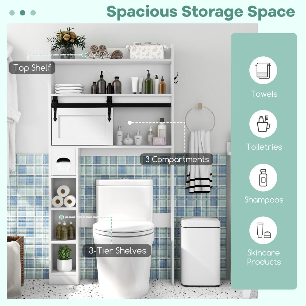 Over the toilet storage cabinet in white with sliding barn door, adjustable shelves, and ample space for toiletries and.