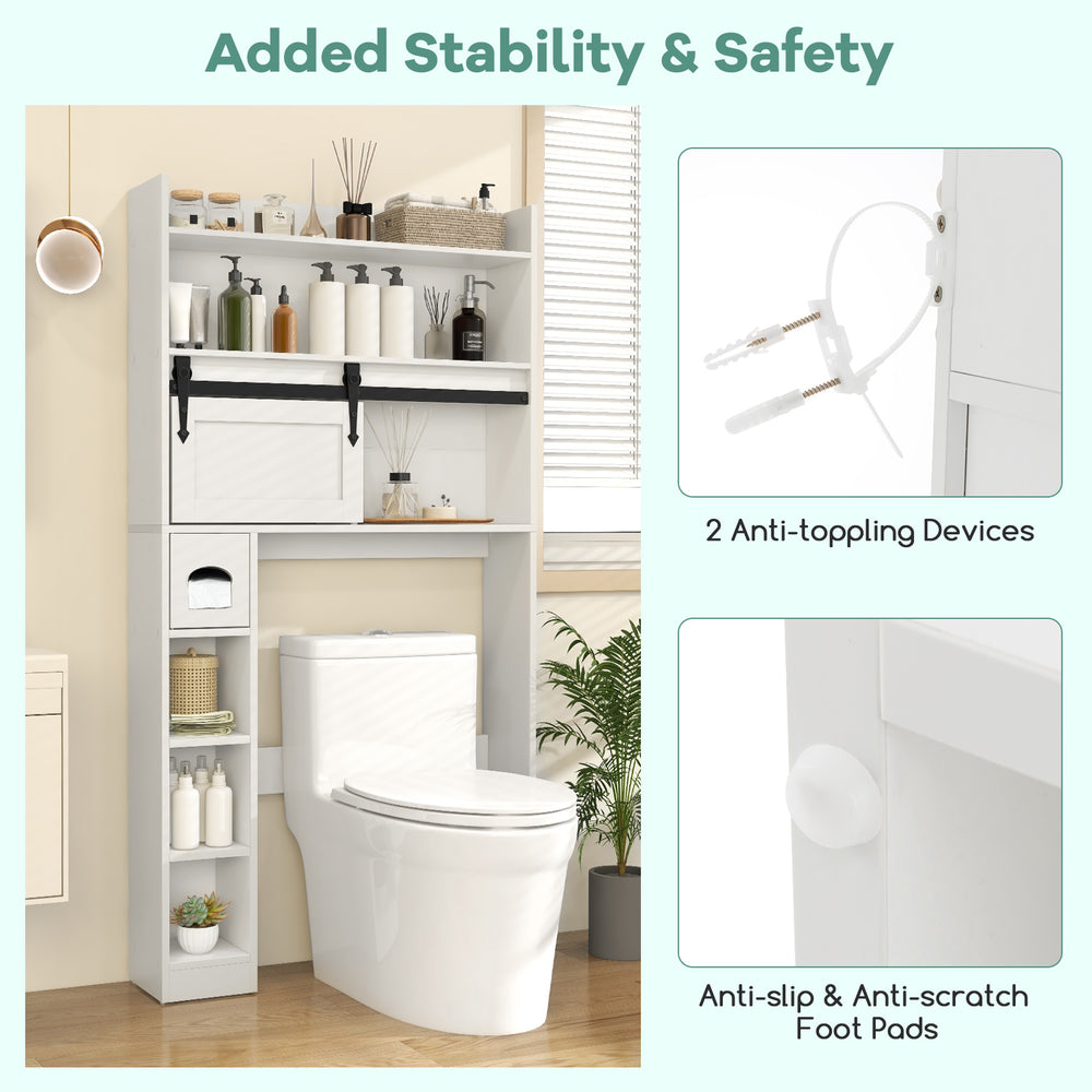 Over the toilet storage cabinet in white with sliding barn door, adjustable shelves, and anti-toppling devices for.