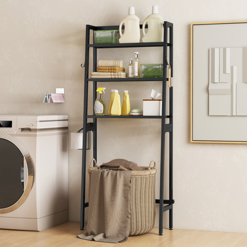 3-tier black over-the-toilet storage shelf with adjustable bottom bar, perfect for bathrooms and laundry rooms.