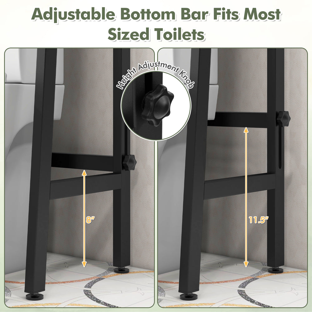 Adjustable bottom bar of the 3-tier over-the-toilet storage shelf in black, fitting various toilet heights for.
