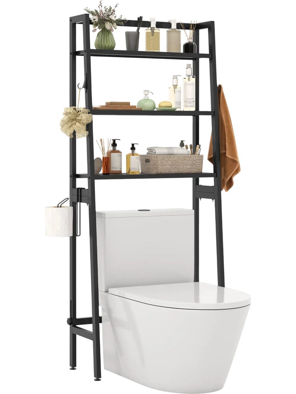 3-tier over-the-toilet storage shelf in black with adjustable bottom bar, perfect for maximizing bathroom space.