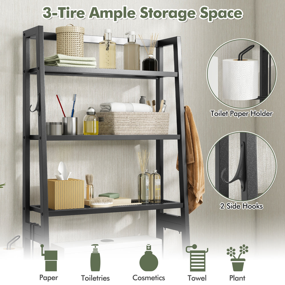 3-tier black over-the-toilet storage shelf with adjustable bottom bar, perfect for toiletries and towels in modern.