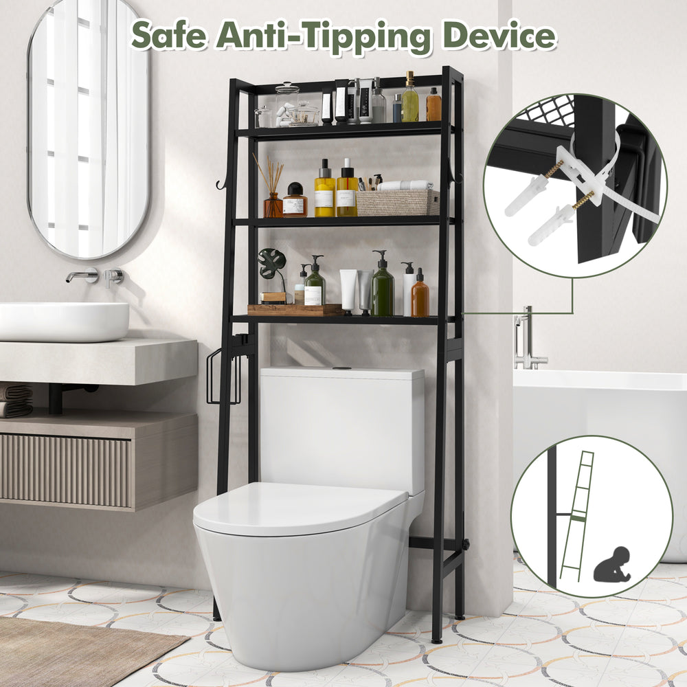 3-tier black over-the-toilet storage shelf with adjustable bottom bar, perfect for maximizing bathroom space and.