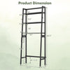 3-tier over-the-toilet storage shelf in black, featuring adjustable bottom bar and dimensions for versatile bathroom.