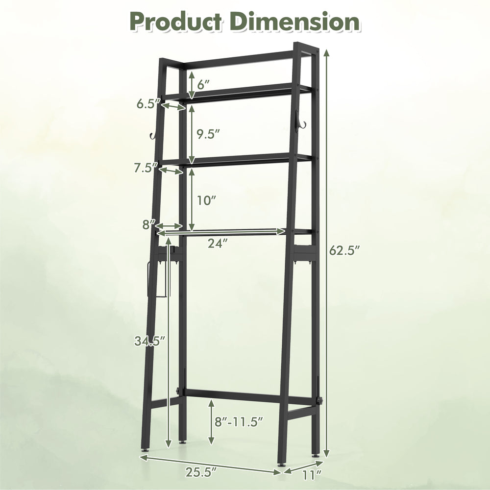3-tier over-the-toilet storage shelf in black, featuring adjustable bottom bar and dimensions for versatile bathroom.