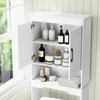 Over toilet bathroom organizer with open compartment and cabinet, featuring adjustable shelf and sleek white finish.